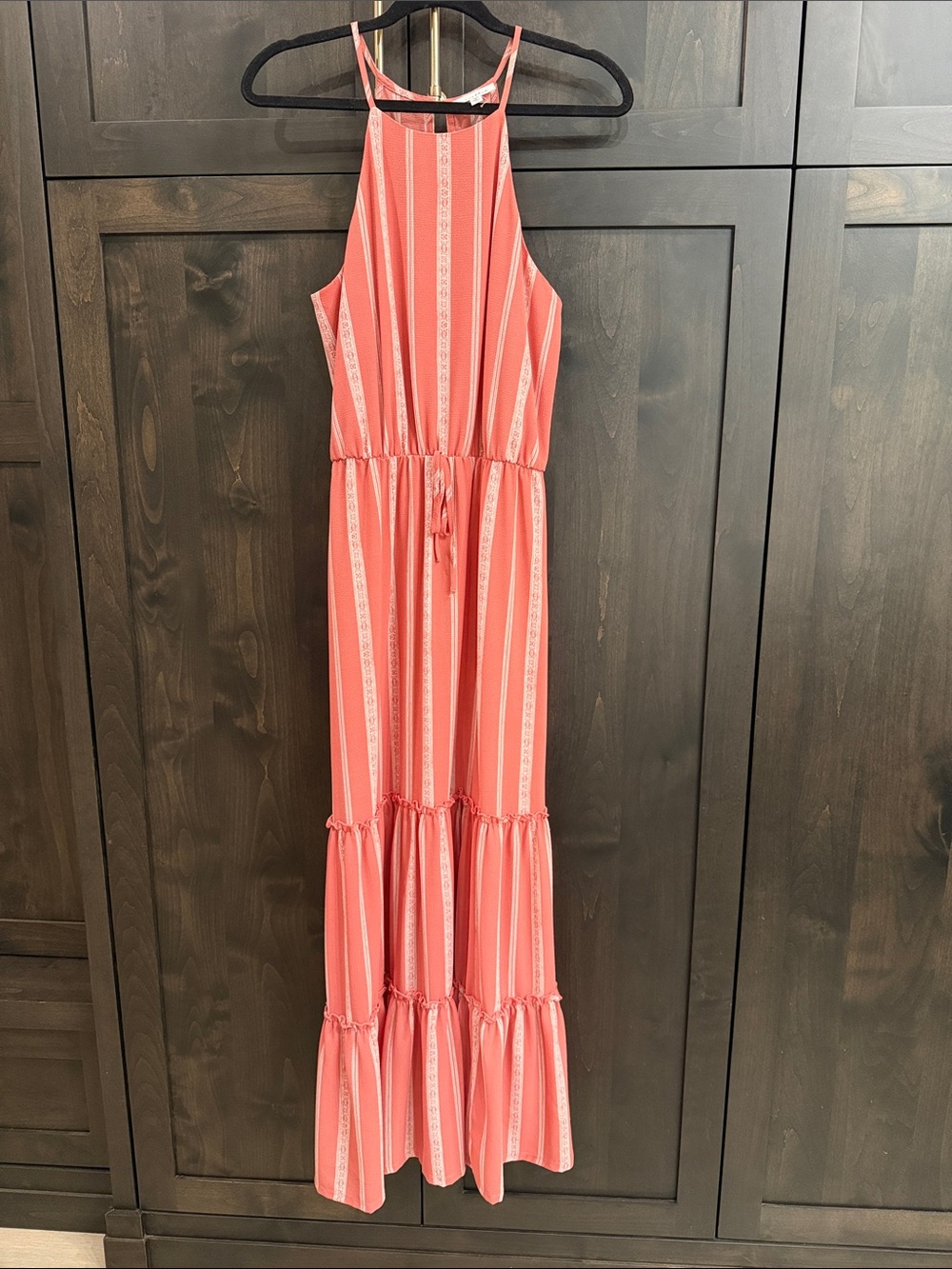 Coral/Rose Striped Halter Maxi Dress